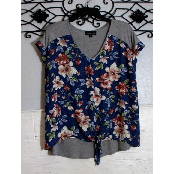 Anthropologie Fortune Ivy Women's Knit Top Size L Short Sleeve Blue Floral - Picture 1 of 5